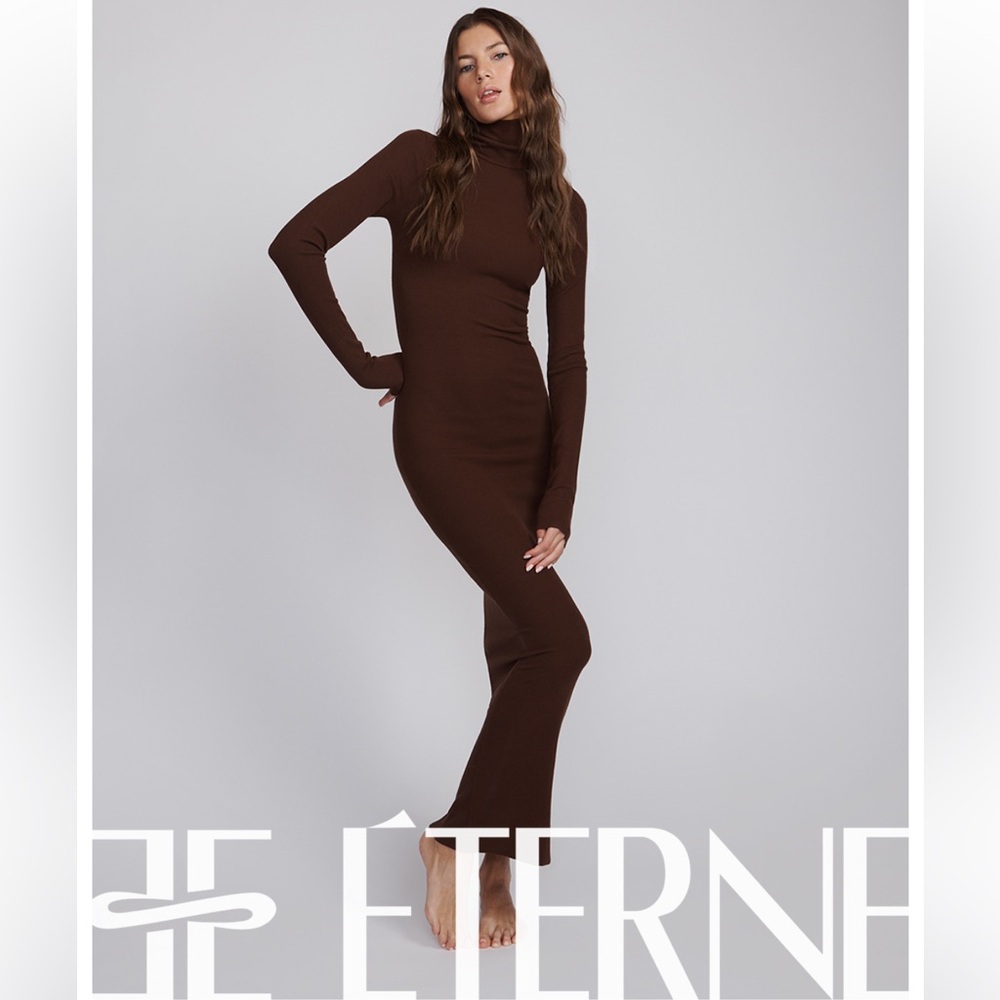 Eterne Long Sleeve Turtleneck Maxi Dress Size S/M Espresso Chocolate Brown Chic